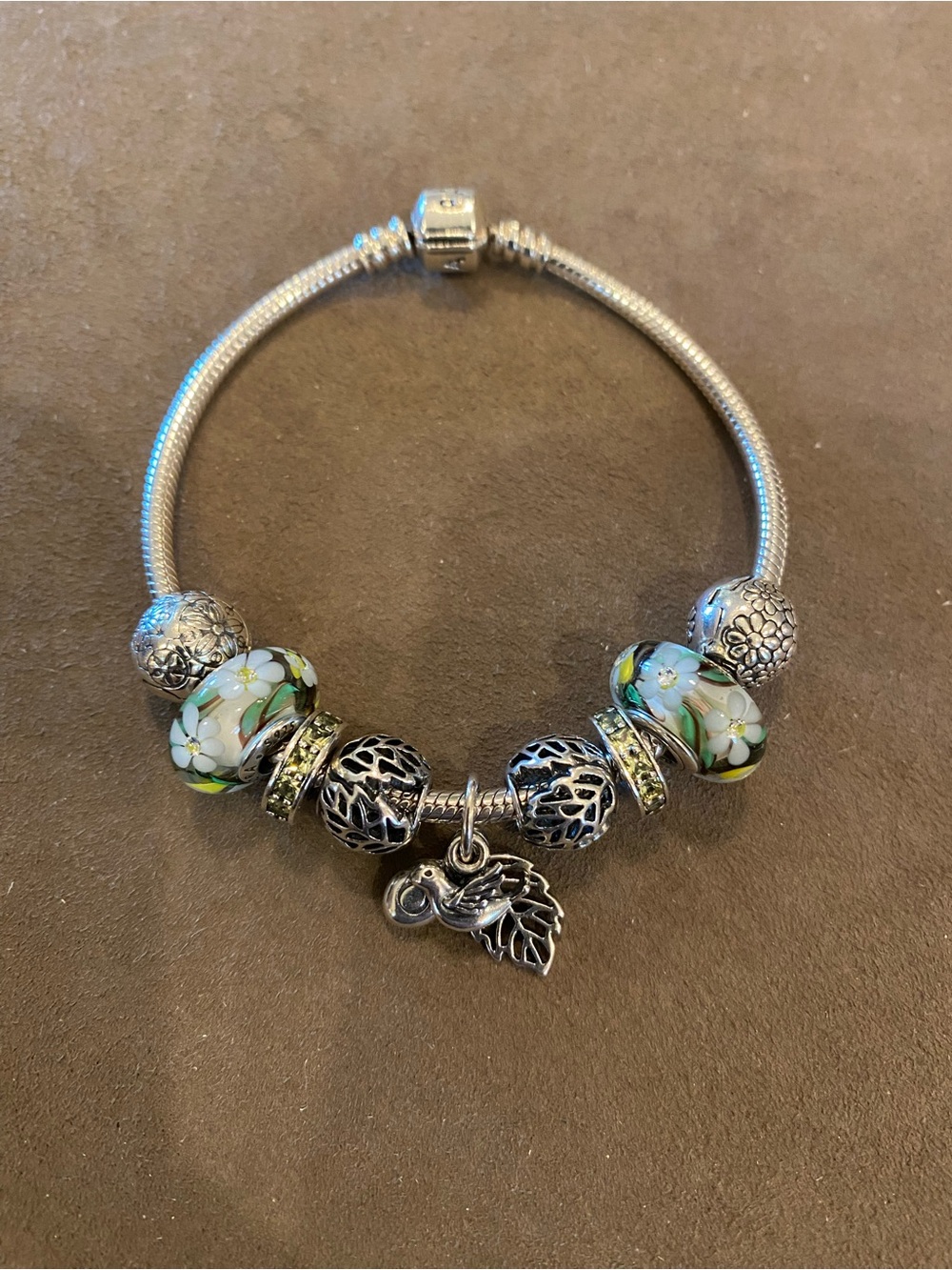 Pandora Silver Charm Bracelet with Green & White Flower Murano Beads